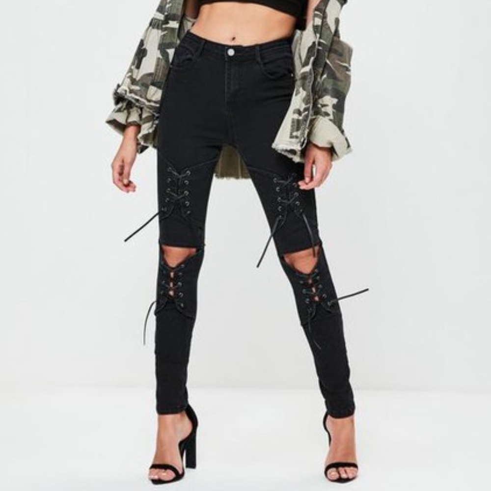 Women's NEW Missguided Black Corset Saddle Cowboy High Waist Jeans, SZ: 4 - NWT